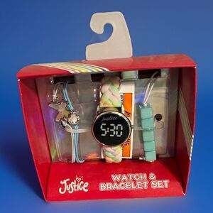 Justice FlashingLCD 4pc Watch Set w/ Matching Braided Strap & Butterfly Bracelet